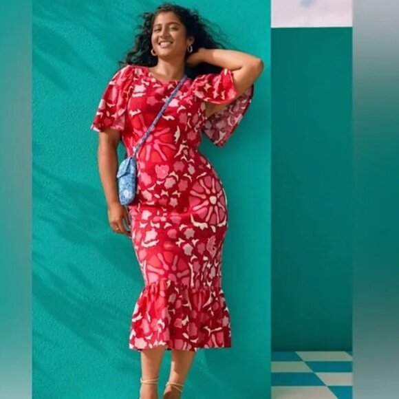 Rhode Red Zinnia Floral Print Bell Sleeve Keyhole Back Midi Dres 8 - Picture 3 of 11